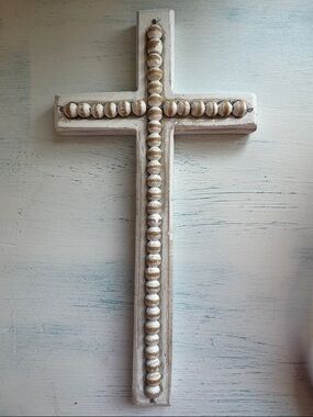 Beaded Wood Wall Cross in White and Natural by Mud Pie